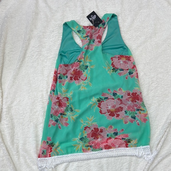 Green Floral Sleeveless Mini Dress with White Trim - Picture 5 of 6